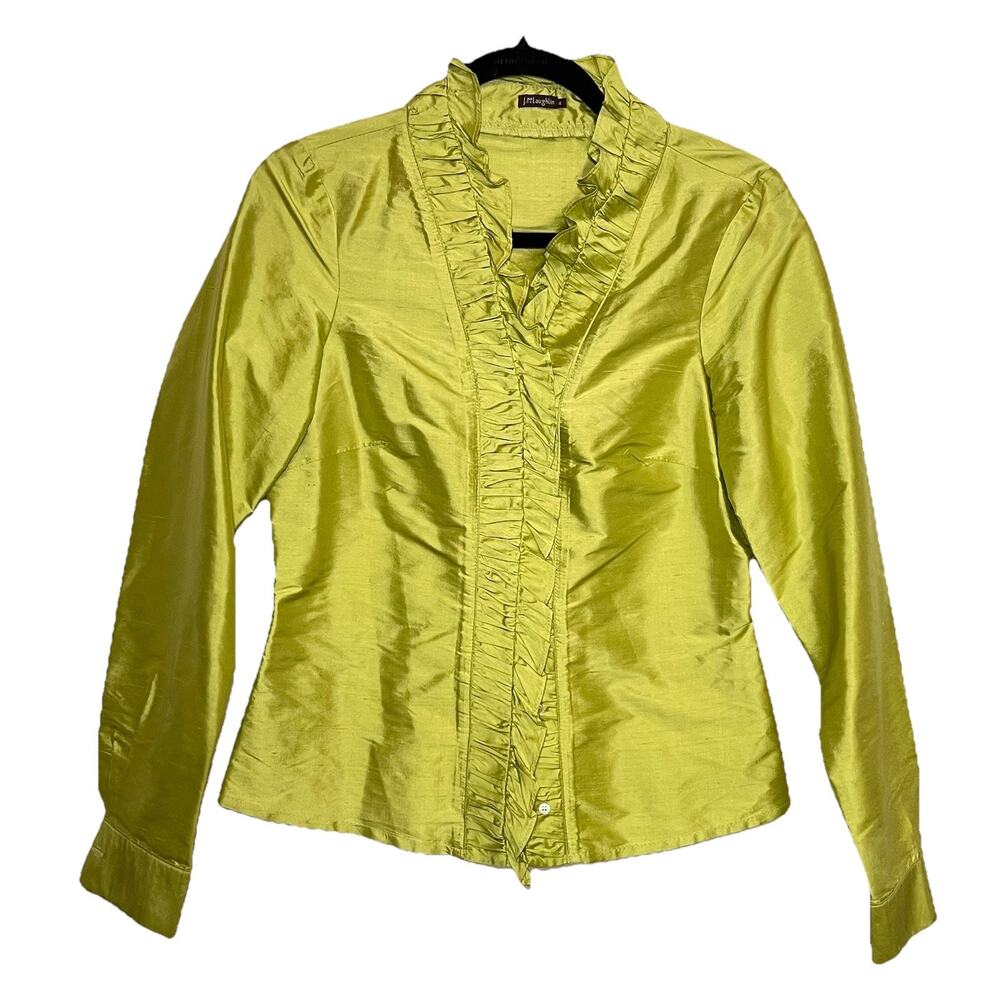 J. McLaughlin 100% Silk Shirt Size 4 Green Ruffle Neck Front Button Long Sleeve - Picture 2 of 12